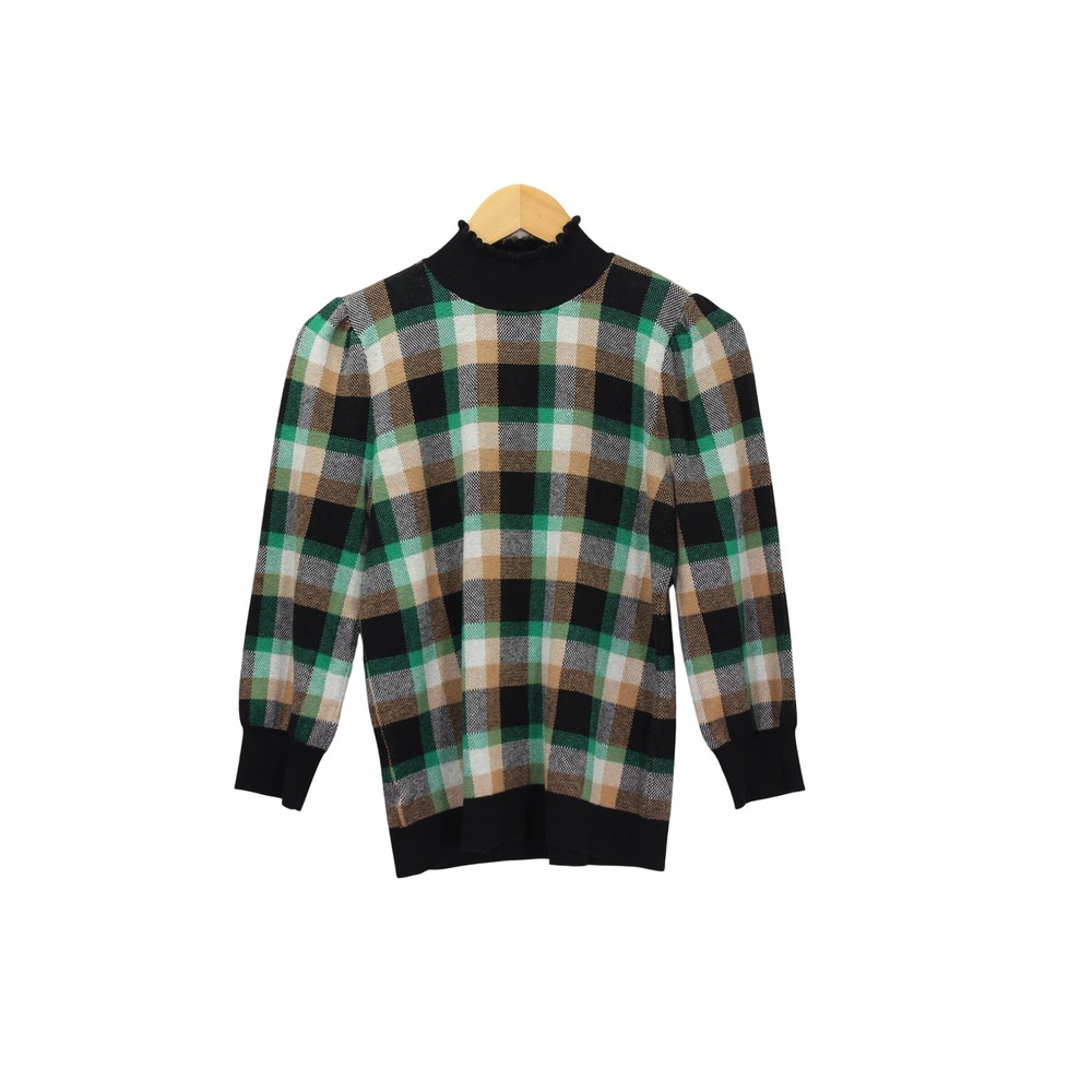 Ann Taylor Factory Retro Multi Check Puff 3/4 Sleeve Mock Neck Sweater Women's M - Picture 2 of 12